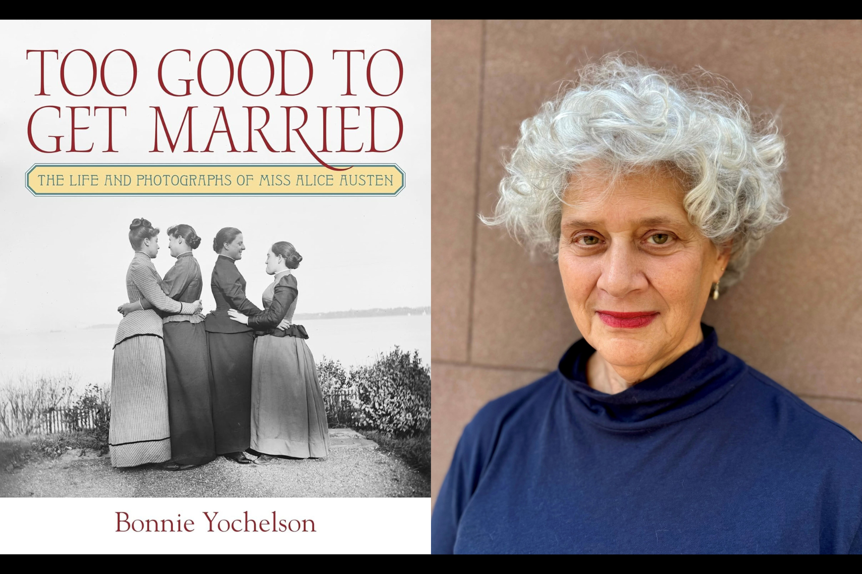 book cover with four women next to a photo of a woman in a blue sweater